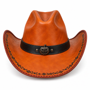Burnt-orange Halloween leather cowboy hat, front