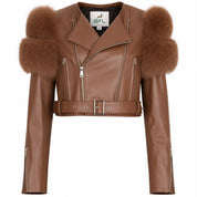 BFL Women’s Luxe Fur-Trim Cropped Leather Jacket – Brown