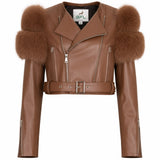 BFL Women’s Luxe Fur-Trim Cropped Leather Jacket – Brown