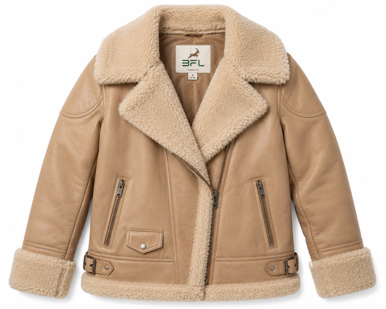 Women’s Genuine Sheep Leather Shearling Jacket | Brown Fur Lined Aviator Leather Coat | Luxury Winter Outerwear