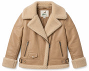 Women’s Genuine Sheep Leather Shearling Jacket | Brown Fur Lined Aviator Leather Coat | Luxury Winter Outerwear