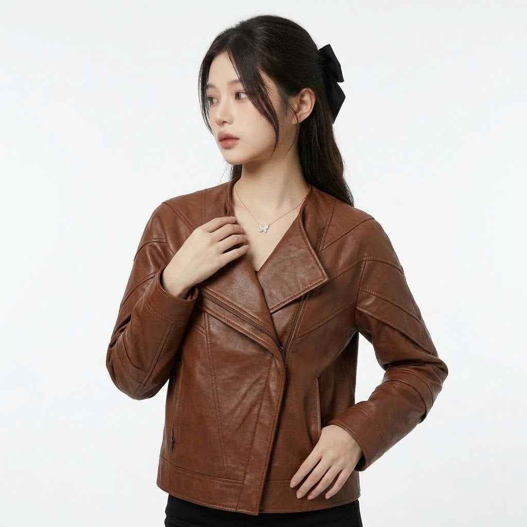 Sculptural Fold-Front Leather Jacket | Women’s Stylish Premium Leather Jacket