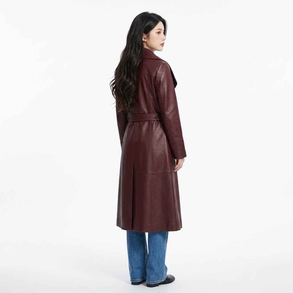 Women’s Leather Wrap-Collar Maxi Coat | Stylish Premium Leather Coat