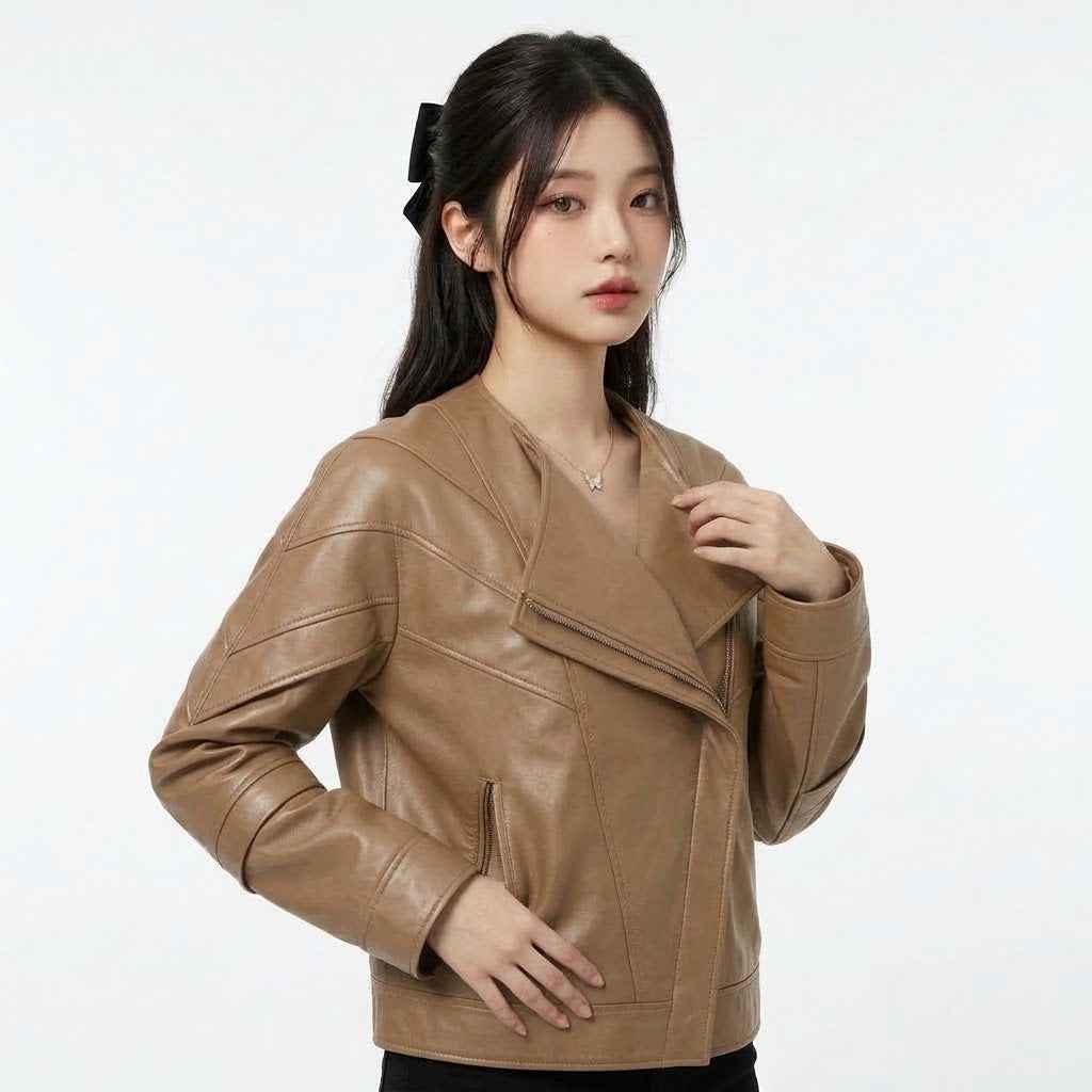 Sculptural Fold-Front Leather Jacket | Women’s Stylish Premium Leather Jacket
