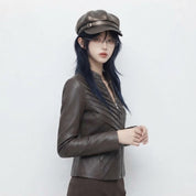 Women’s Diagonal Pleat Leather Jacket | Premium Genuine Leather