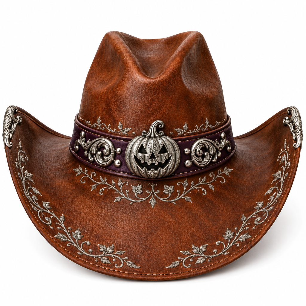 Copper-brown Halloween cowboy hat with silver pumpkin and scrollwork, front