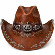 Copper-brown Halloween cowboy hat with silver pumpkin and scrollwork, front