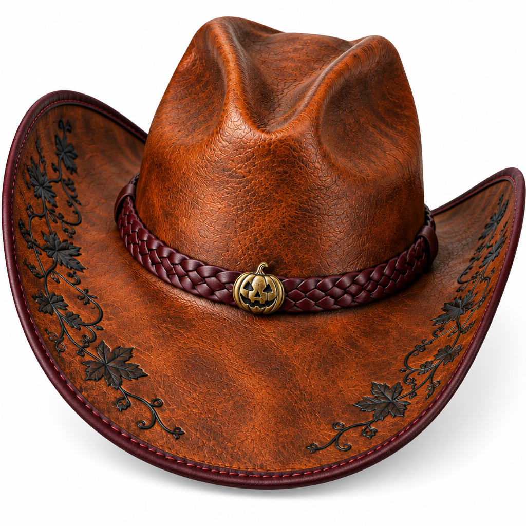 Copper cowboy hat, pumpkin and leather detail