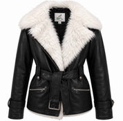 BFL Women’s Sheepskin Leather Fur Collar Jacket – Winter Coat