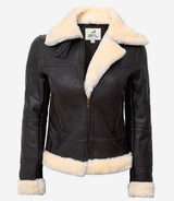 BFL Women’s Alpine Crest Shearling Leather Jacket – Faux Fur Trimmed Winter Coat, Dark Brown