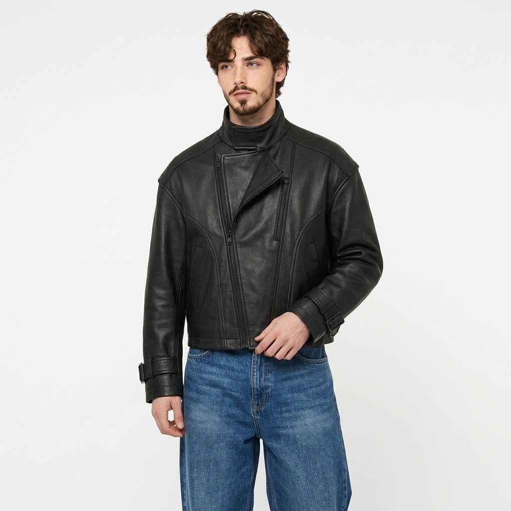 Men’s Offset Double-Zip Leather Jacket | Stylish Premium Biker Jacket