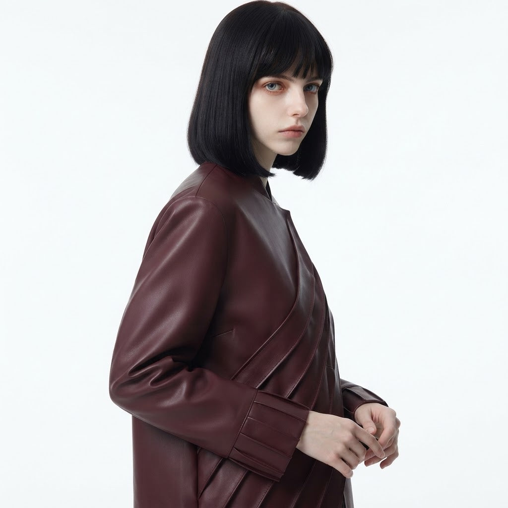Women’s Diagonal Pleat Leather Jacket – Premium  Designer Leather Jacket