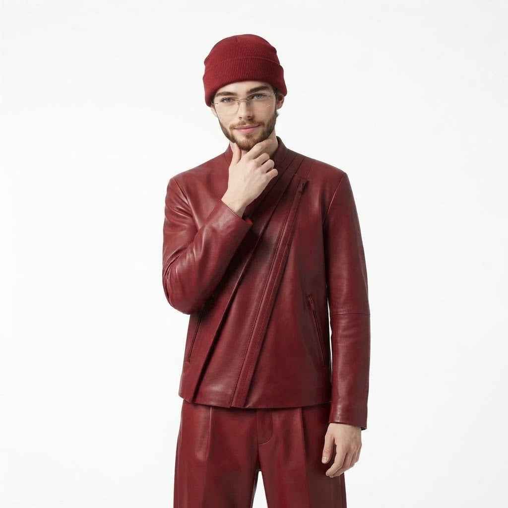 Men’s Diagonal Pleat Leather Jacket | Premium Genuine Leather Jacket