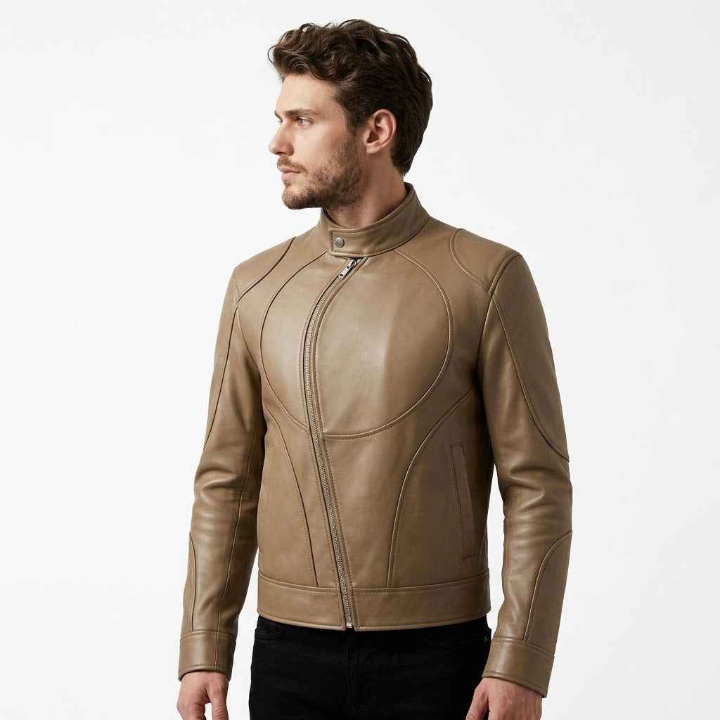 Men’s Curved Zip Racing Leather Jacket | Stylish Motorcycle Jacket