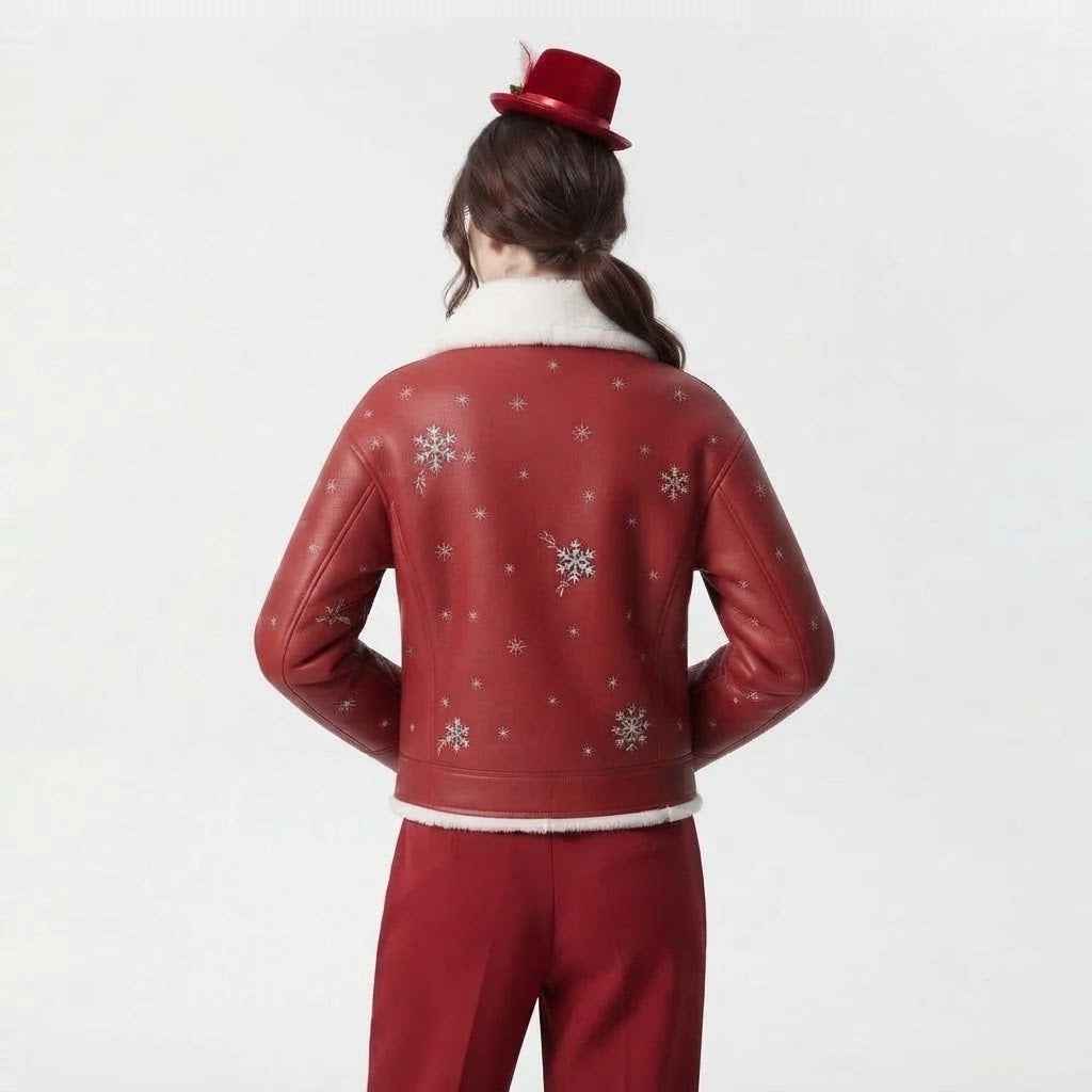 Women’s Red Faux Leather Christmas Jacket | Festive Holiday Biker Jacket