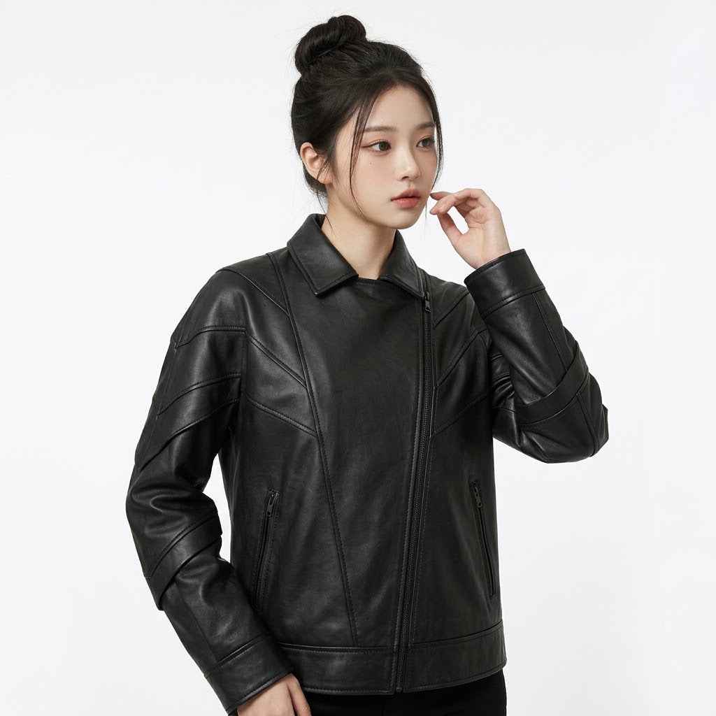 Asymmetric Panel Leather Jacket | Women’s Stylish Premium Leather Jacket