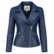BFL Women’s Blue Sheepskin Leather Biker Jacket – Asymmetrical Zip