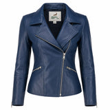 Premium Women’s Blue Sheep Leather Jacket | Asymmetrical Zip Biker Coat | Everyday Luxury Outerwear.