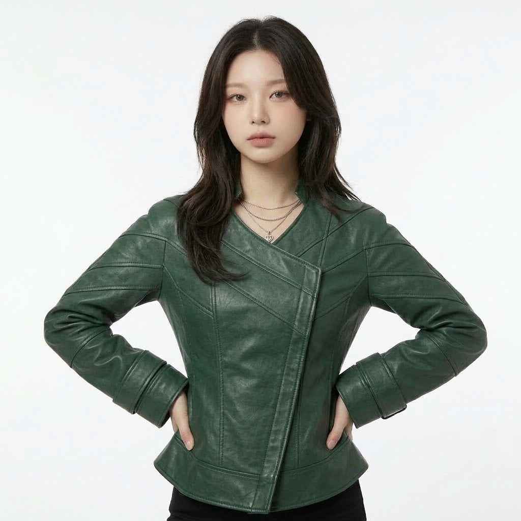 Women’s Curved Harness-Panel Leather Jacket | Stylish Premium Biker Jacket