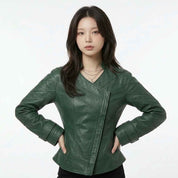 Women’s Curved Harness-Panel Leather Jacket | Stylish Premium Biker Jacket