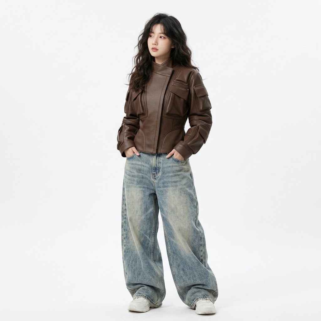 Utility Pocket Panel Leather Jacket | Stylish Premium Biker Jacket