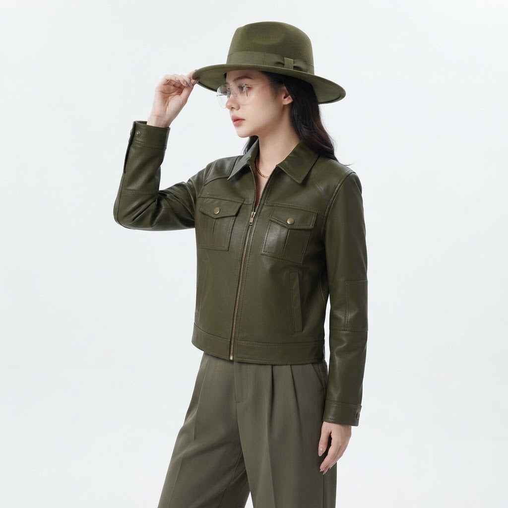 Women’s Burnt Caramel Leather Utility Fall Jacket | Premium Genuine Leather Jacket