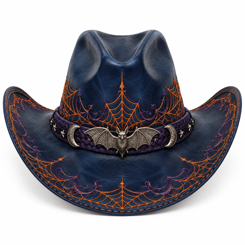Detailed navy-blue Halloween cowboy hat, front