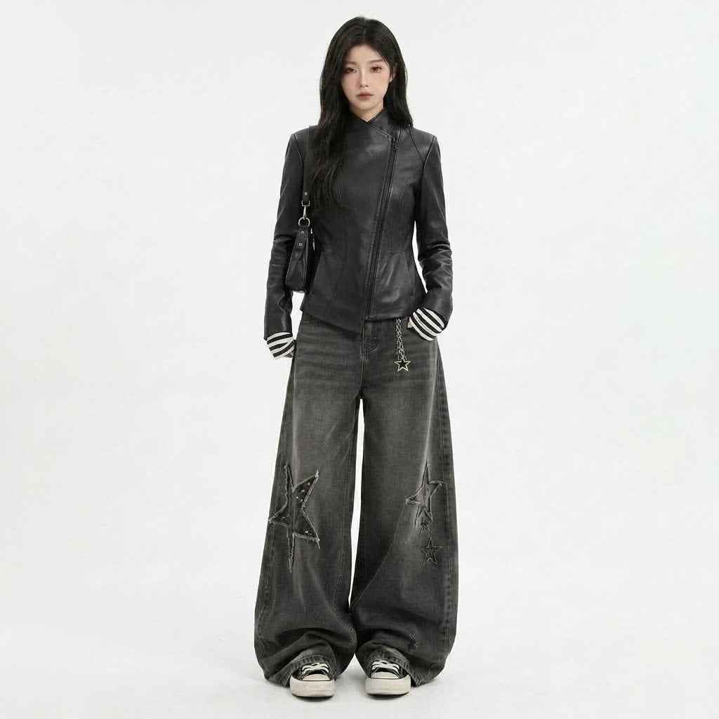 Women’s Asymmetric Sculpted Leather Jacket | Premium Biker Jacket