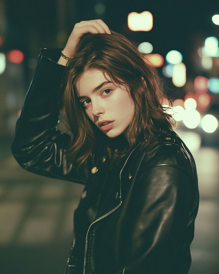 A woman posing in a black leather jacket at night with blurred city lights in the background.