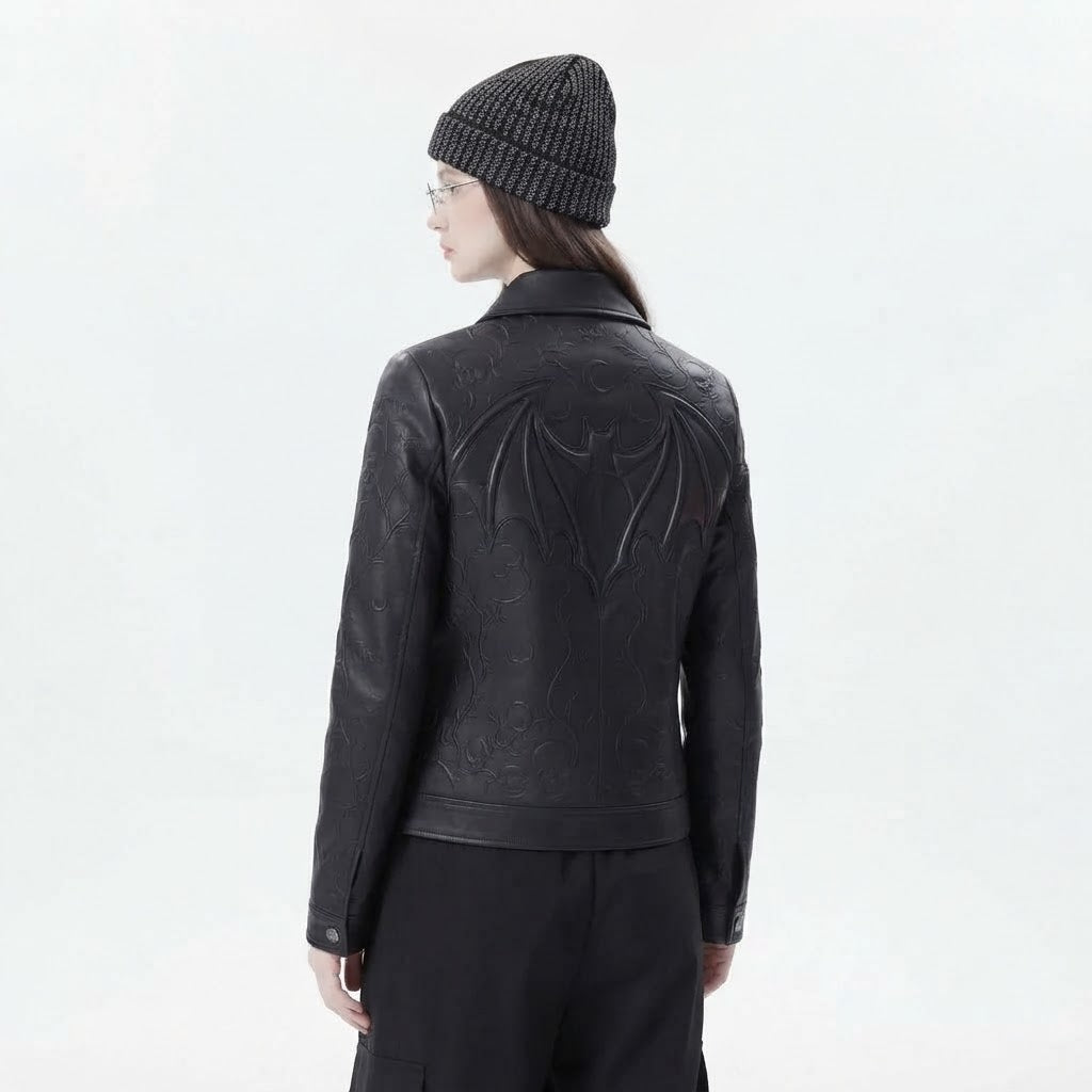 Women’s Spooky Halloween Leather Jacket | Gothic Black Genuine Leather Jacket