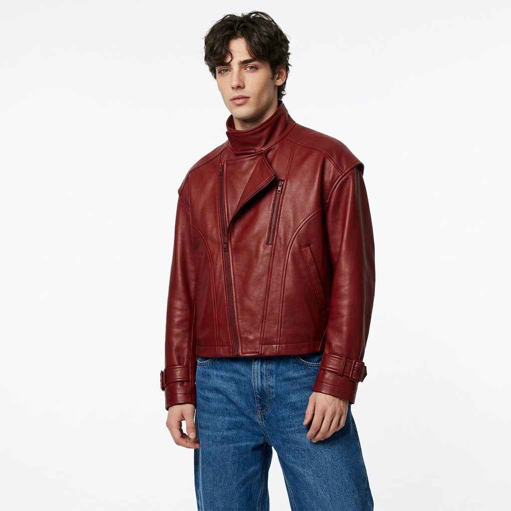Men’s Offset Double-Zip Leather Jacket | Stylish Premium Biker Jacket