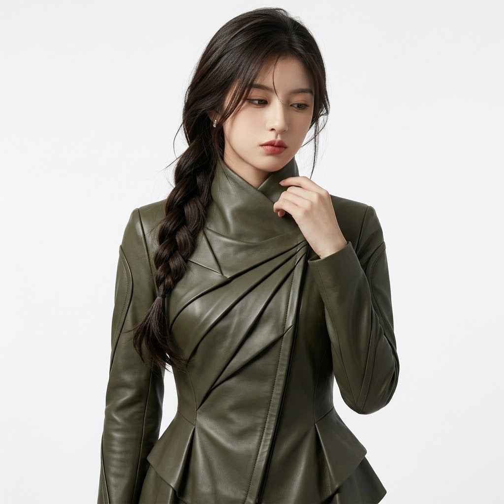 Futuristic Fold-Front Leather Jacket | Women’s Stylish Modern Jacket