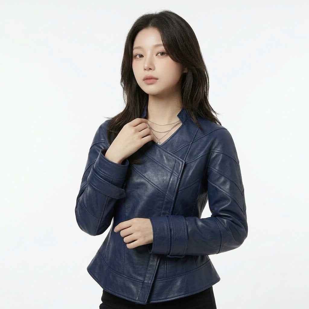 Women’s Curved Harness-Panel Leather Jacket | Stylish Premium Biker Jacket