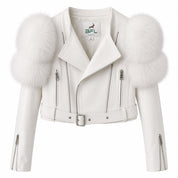 BFL Women’s Luxe Fur-Trim Cropped Leather Jacket – Brown