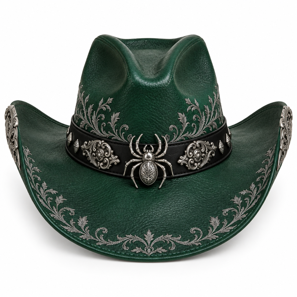 Emerald-green Halloween cowboy hat with silver spider and scrollwork, front