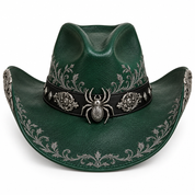 Emerald-green Halloween cowboy hat with silver spider and scrollwork, front