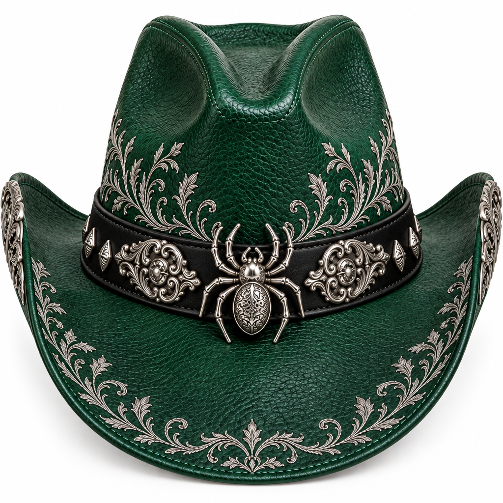 Emerald Halloween hat, silver spider and filigree detail