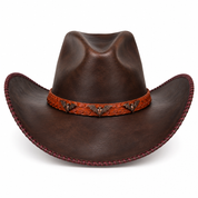 Espresso-brown Halloween leather cowboy hat, front