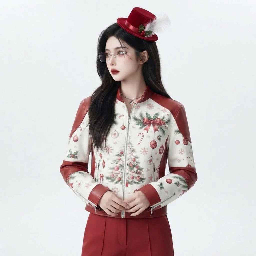 Women’s White & Red Printed Leather Christmas Jacket | Festive Holiday Biker Jacket