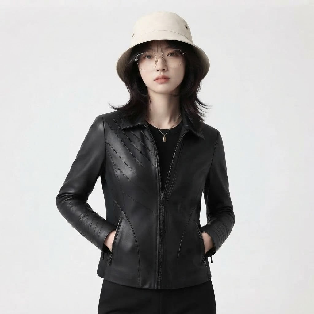 Women’s Diagonal Pleat Leather Jacket | Premium Genuine Leather