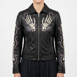 Women's Black Genuine Leather Jackets – Front Zipper, Ivory skeleton-hand artwork paired with muted-purple thorn