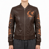 Women's Deep Chocolate Brown Genuine Leather Jackets – Front Zipper, Copper-orange crescent moon and raven artwork with fine