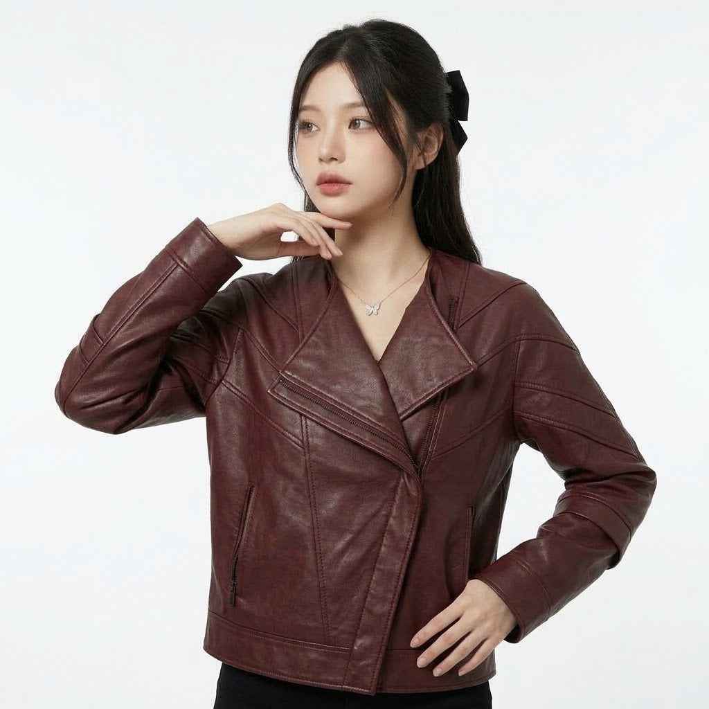 Sculptural Fold-Front Leather Jacket | Women’s Stylish Premium Leather Jacket