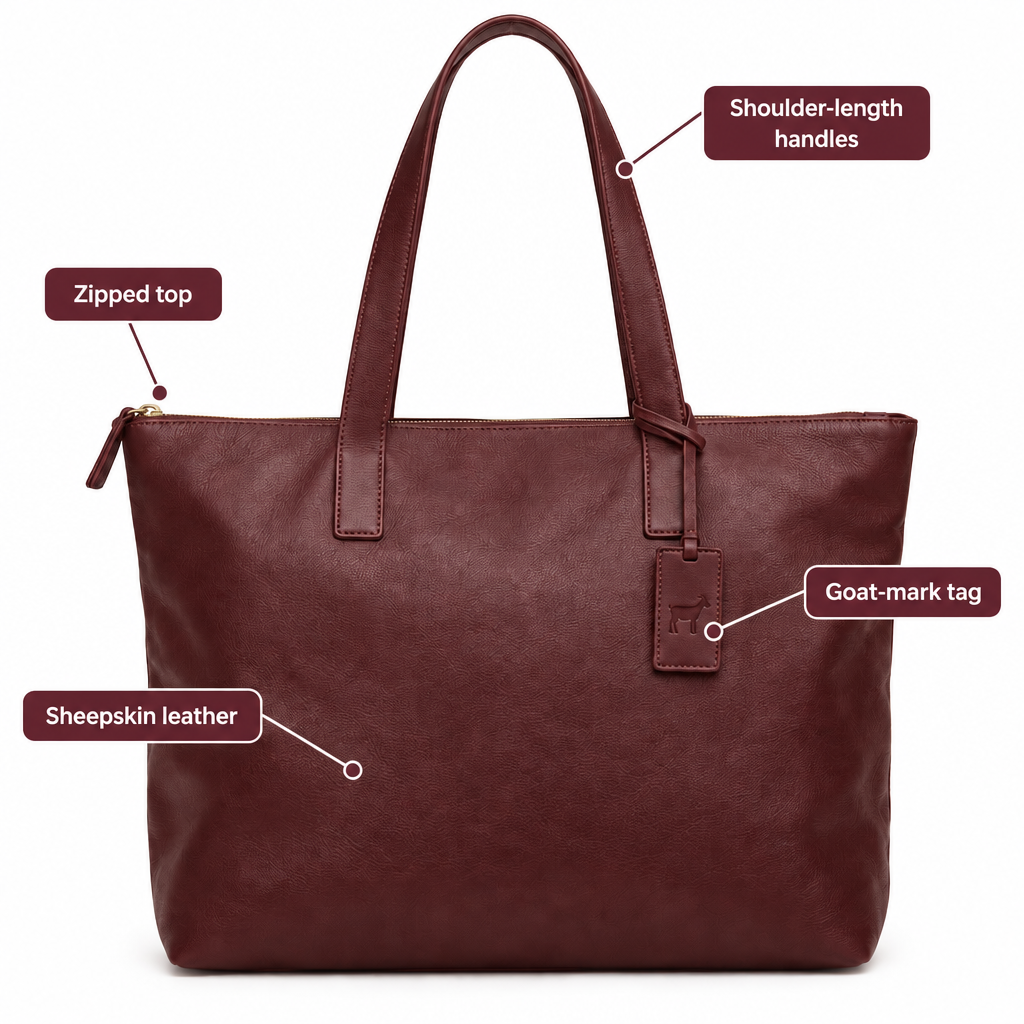 Burgundy sheepskin leather tote with labels for shoulder handles, zipped top and goat-mark tag