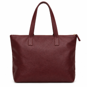 Back view of burgundy sheepskin leather tote bag on white background