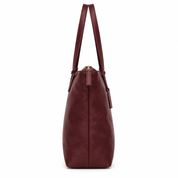 Side view of burgundy sheepskin leather tote bag showing leather gusset and handles