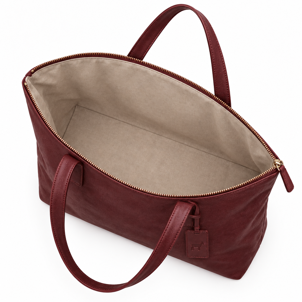 Open burgundy leather tote bag showing light lining and roomy interior from above