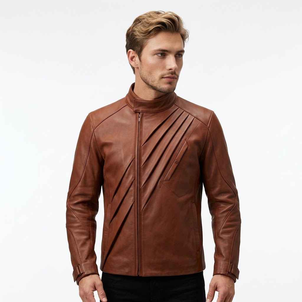 Men's Diagonal Pleat Leather Field Jacket | Stylish Premium Leather Jacket
