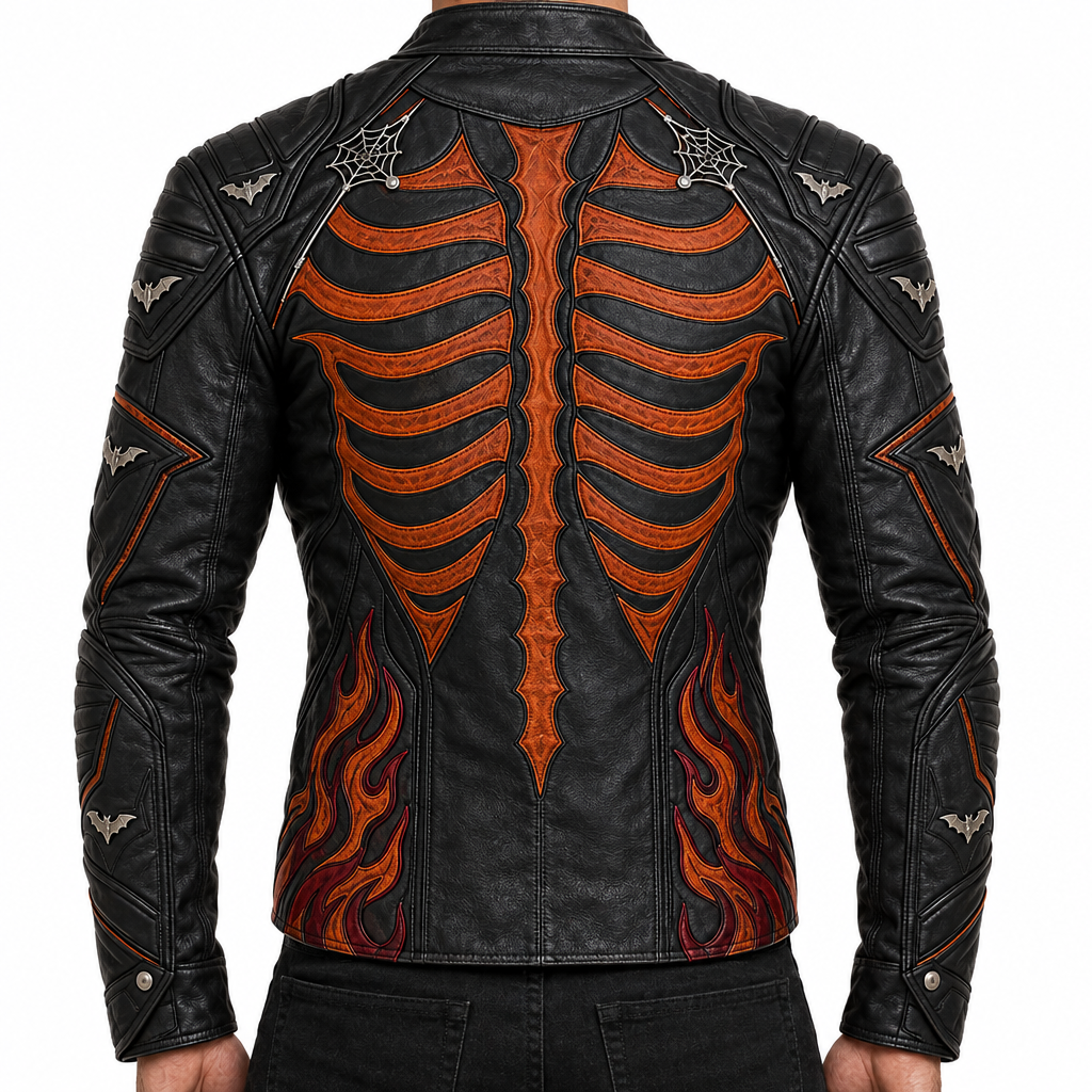 Matching men’s Halloween biker jacket, back view