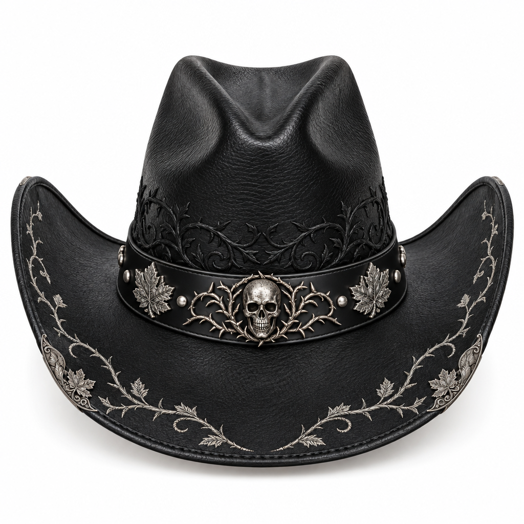 New silver skull-and-thorn Halloween leather cowboy hat, front